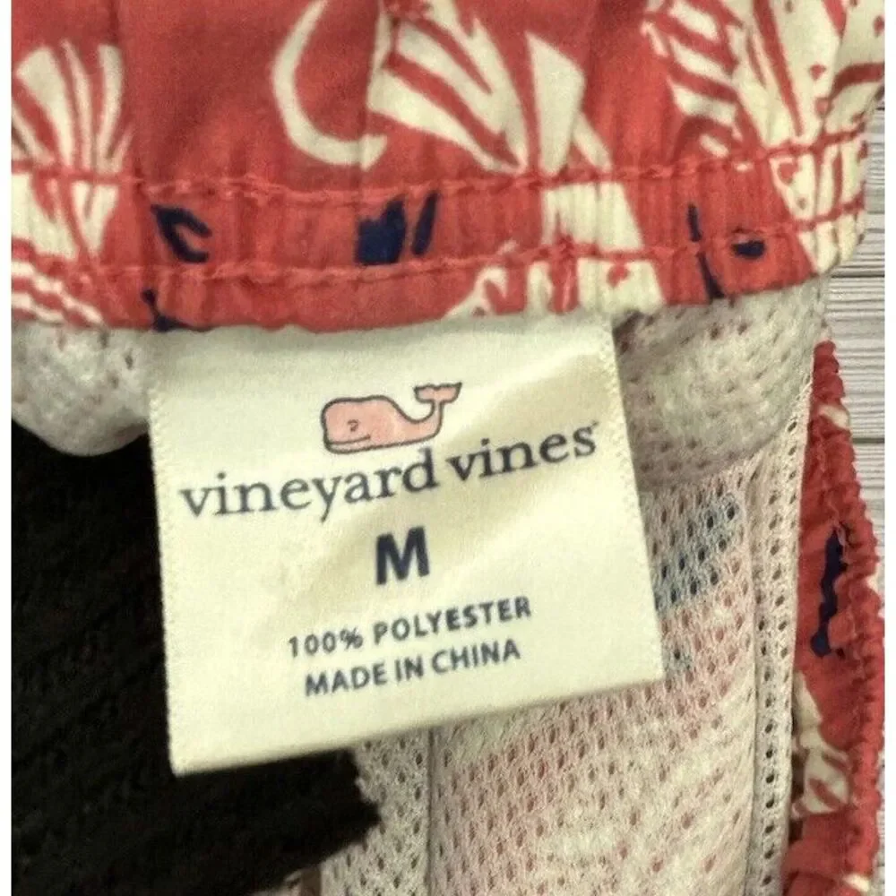 Vineyard Vines Men's Fish Swim Trunks‎ Red White With Liner Shorts Coral Sz Med